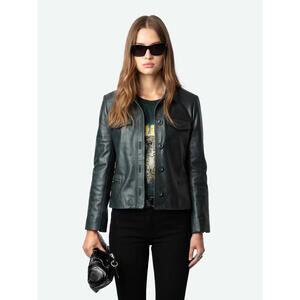 NEW, Zadig & Voltaire Liam Leather Jacket in Dark Green Size L #SJ2042